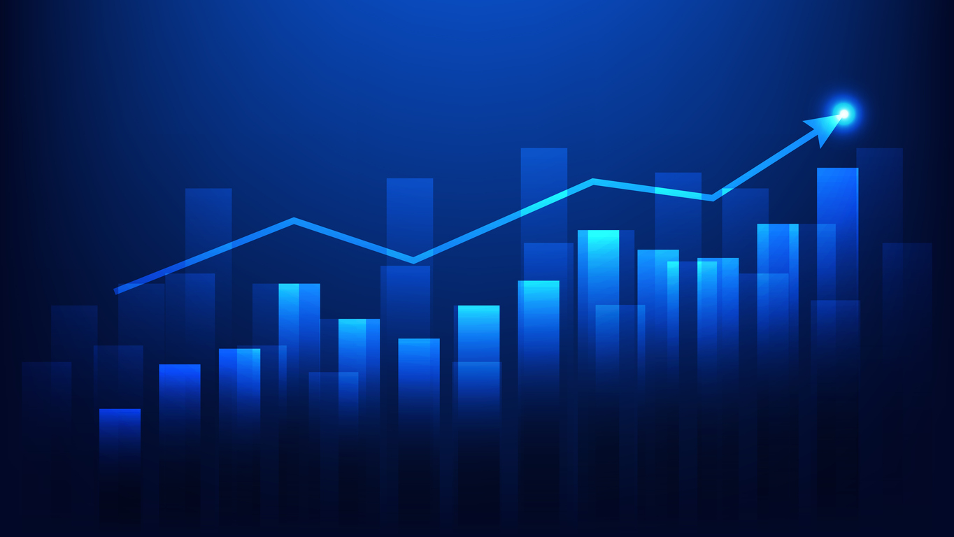 bar chart with uptrend arrow show growth of business performance and profit of investment on blue background